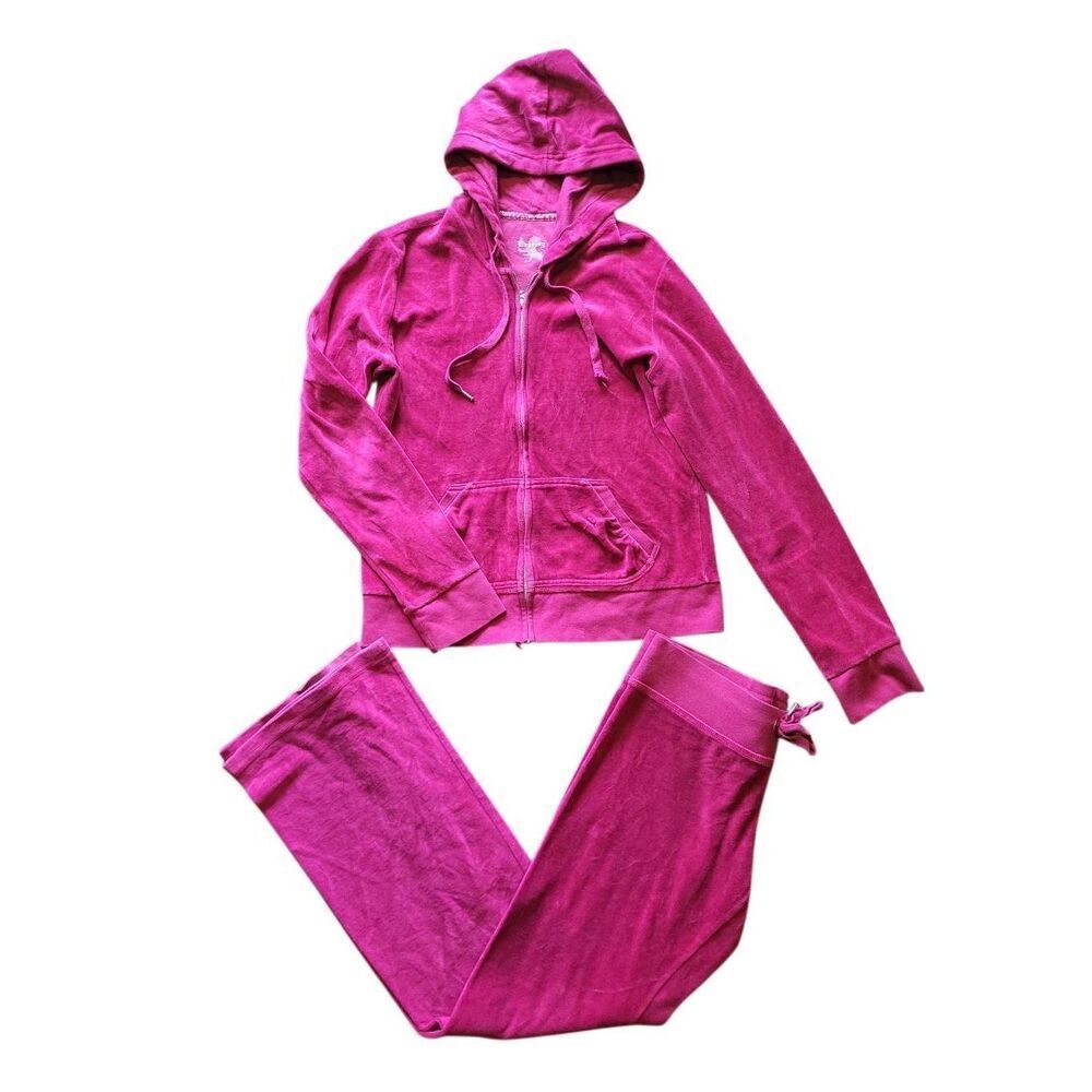 Vintage Express Track Suit Women's Large Fuchsia Pink Velour Low Rise Cozy Y2K
